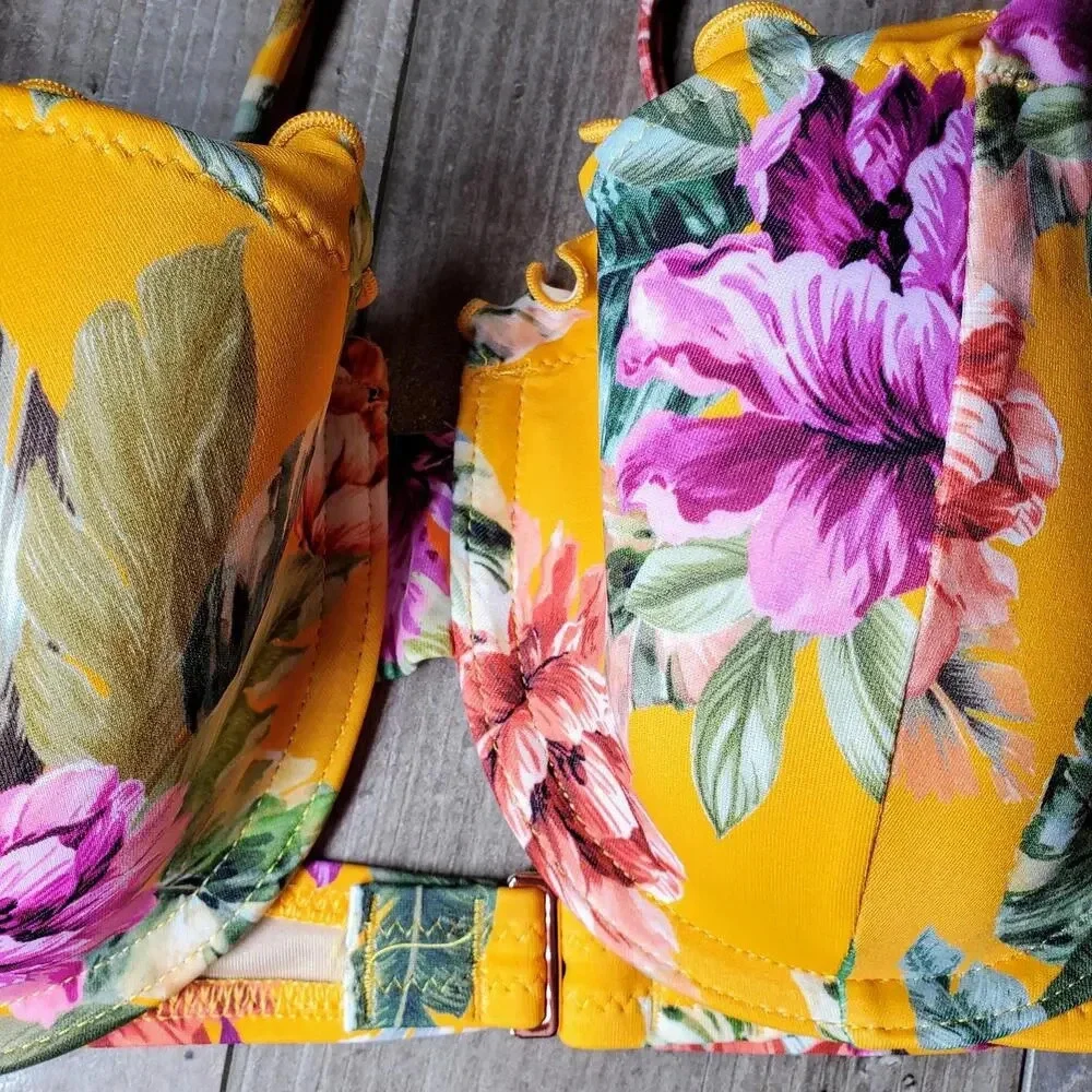 NWT Shade & Shore Women's Ruffle Underwire Bikini Top 36B Orange Green Floral